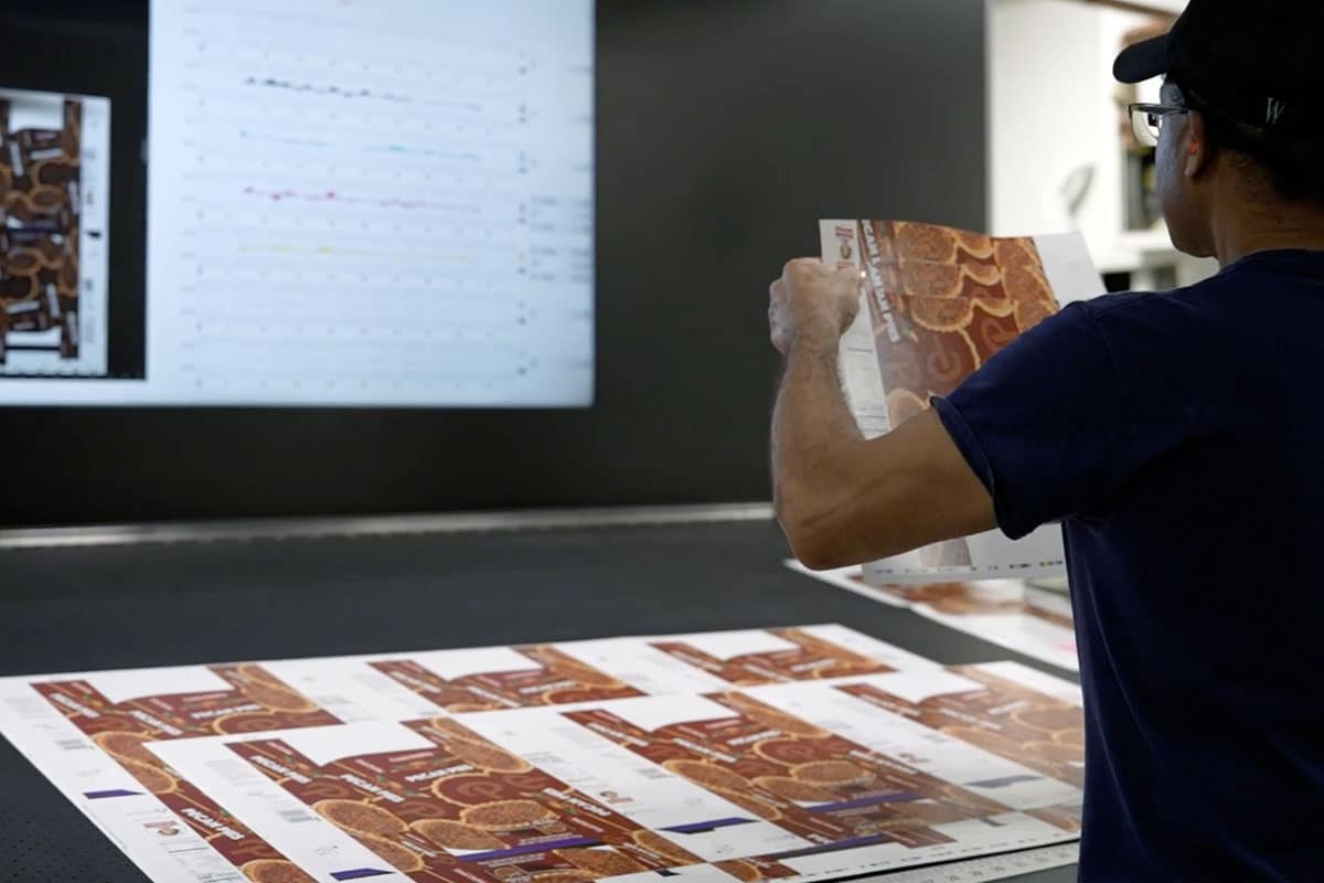 worker inspecting prints